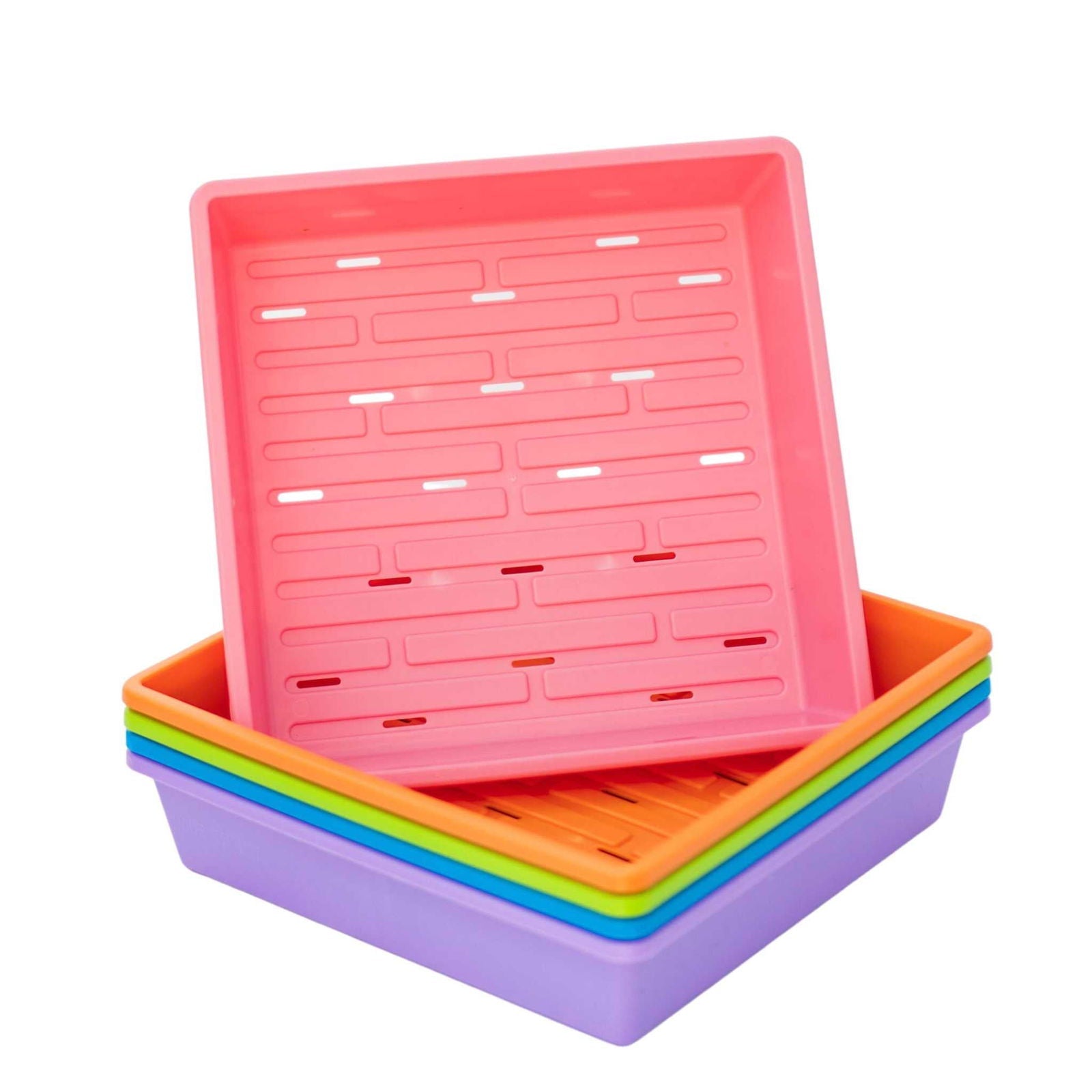 Black Bootstrap Farmer 1010 Trays with 2.5-inch depth, extra strength, featuring drainage holes, ideal for gardening or plant propagation.