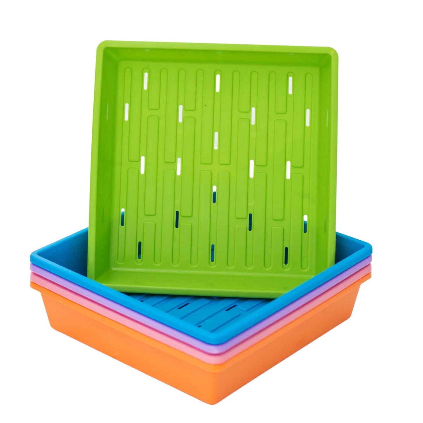 Black Bootstrap Farmer 1010 Trays with holes, 2.5-inch depth, made of extra-strength plastic for durable planting or storage.