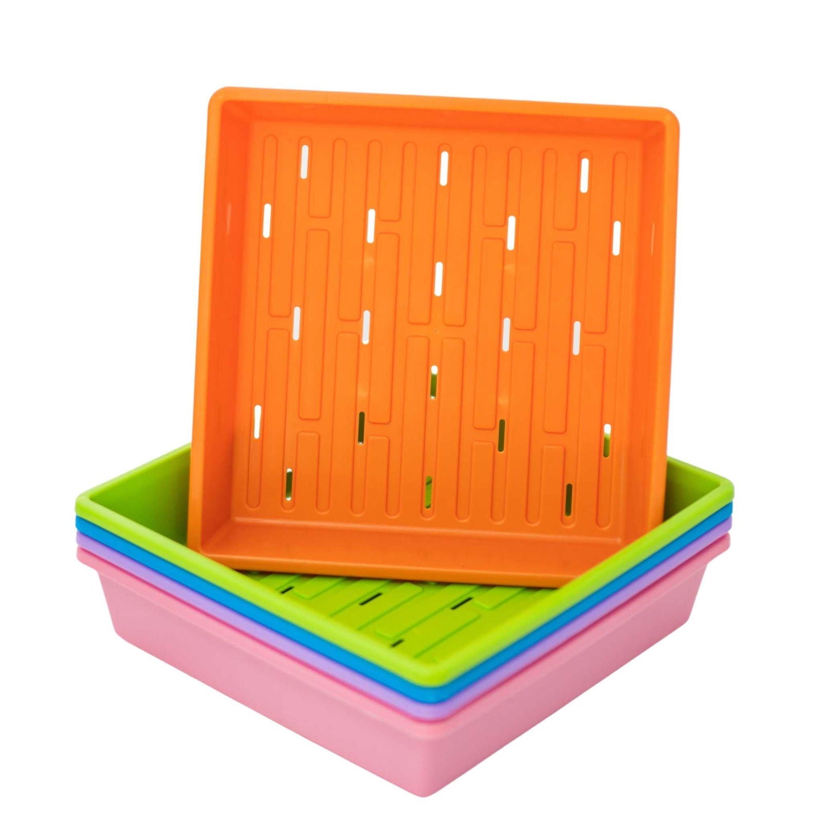 Black Bootstrap Farmer 1010 Trays with holes, 2.5-inch deep, extra strength for plant propagation or gardening use.