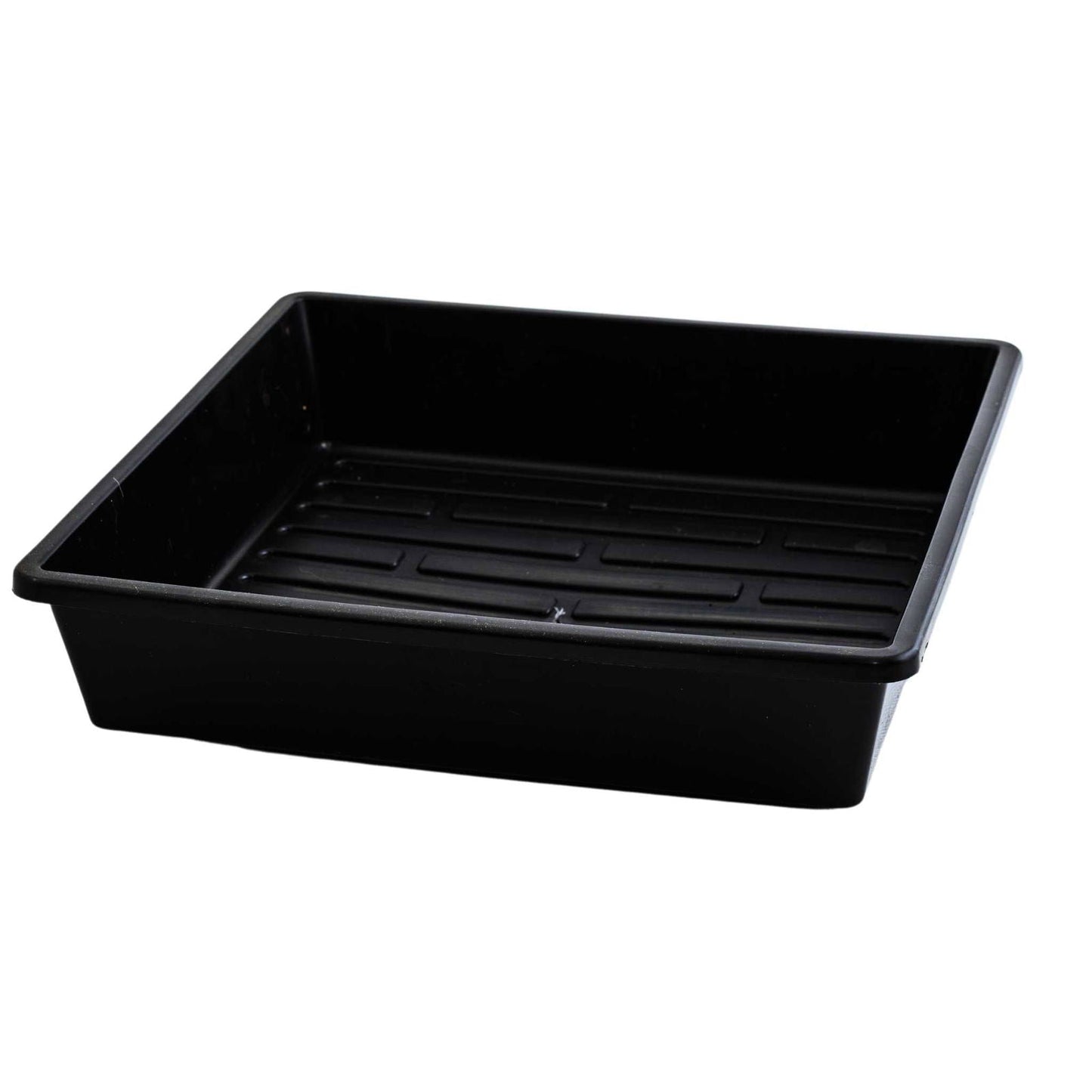 Black Bootstrap Farmer 1010 Trays with 2.5-inch depth, extra strength, featuring drainage holes for gardening or planting.