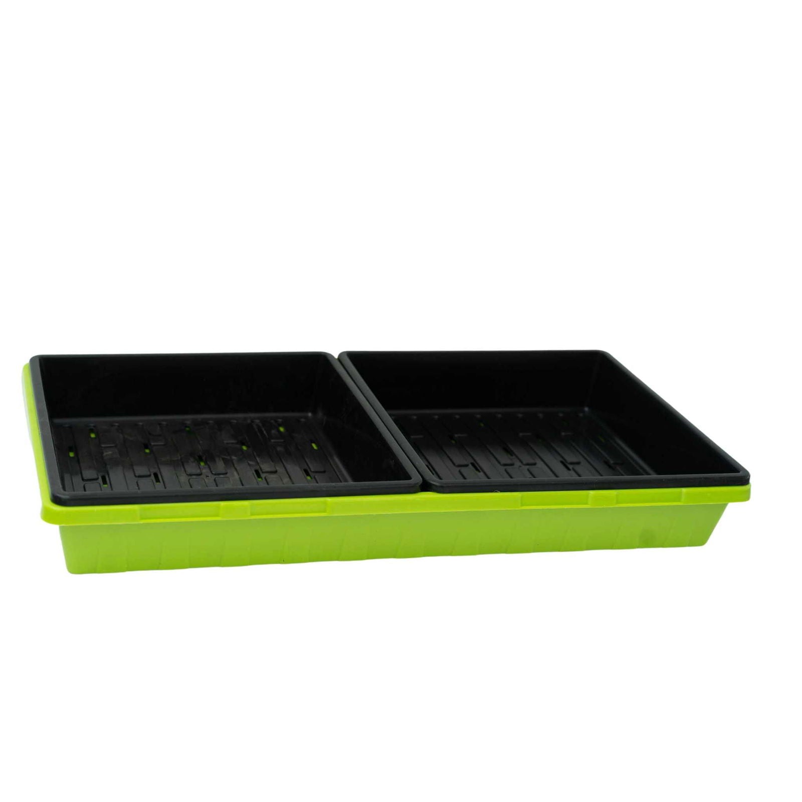 Black Bootstrap Farmer 1010 Trays with holes, 2.5-inch depth, extra strength, ideal for seed starting and plant propagation.