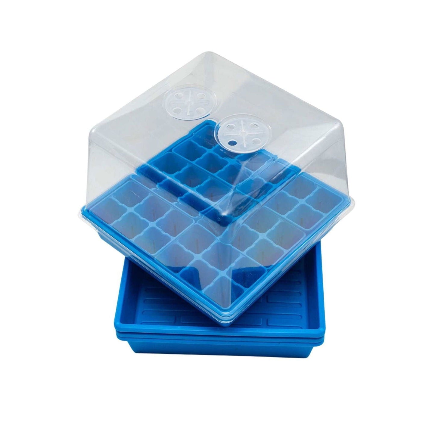 Blue Bootstrap Farmer 1010 seed starter trays with humidity domes, designed for backyard gardeners' seed propagation.