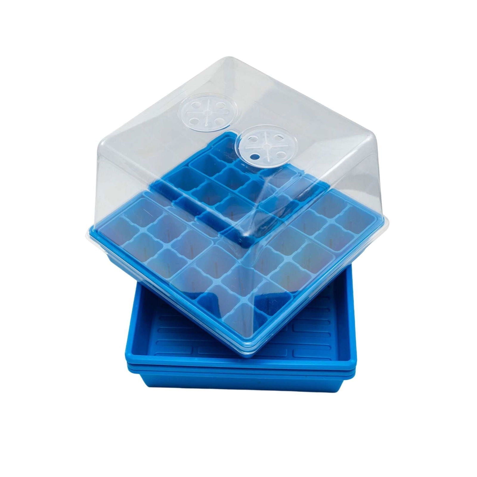 Blue Bootstrap Farmer 1010 seed starter trays with humidity domes, designed for backyard gardeners' seed propagation.