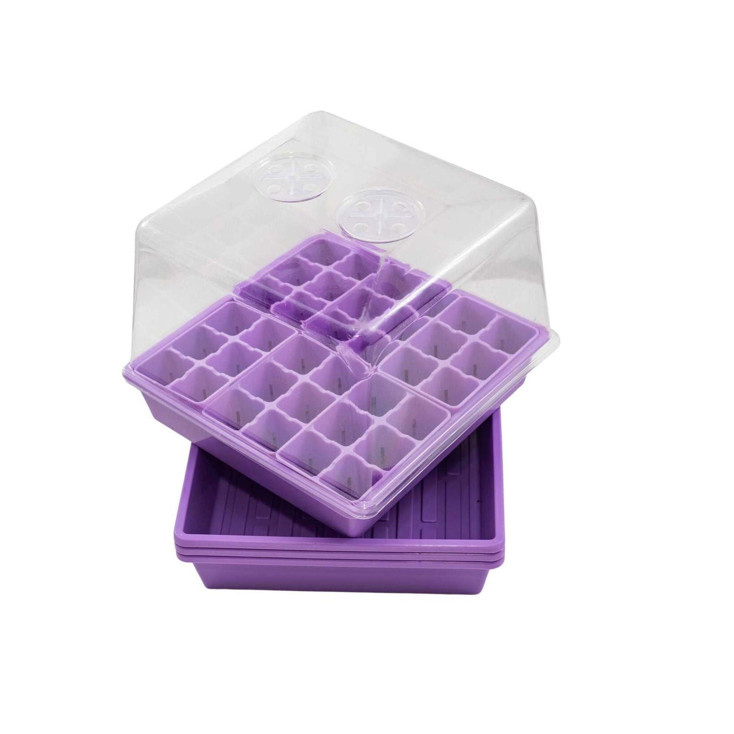 Bootstrap Farmer 1010 seed starter trays with blue humidity domes, ideal for backyard gardeners' seed propagation.