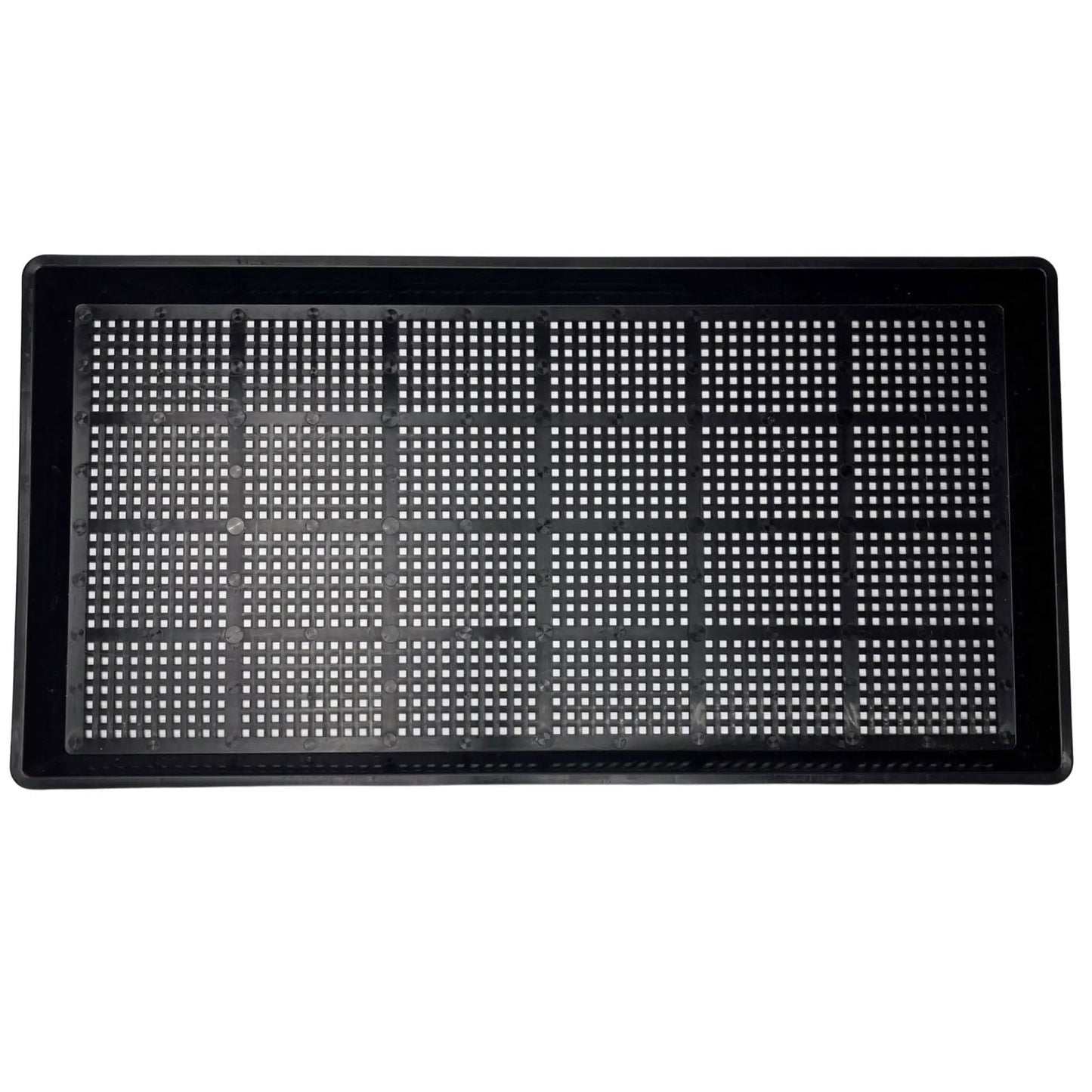 Black Bootstrap Farmer 1020 Mesh Shallow Extra Strength Tray with 1-inch depth, designed for plant propagation and seedling growth.