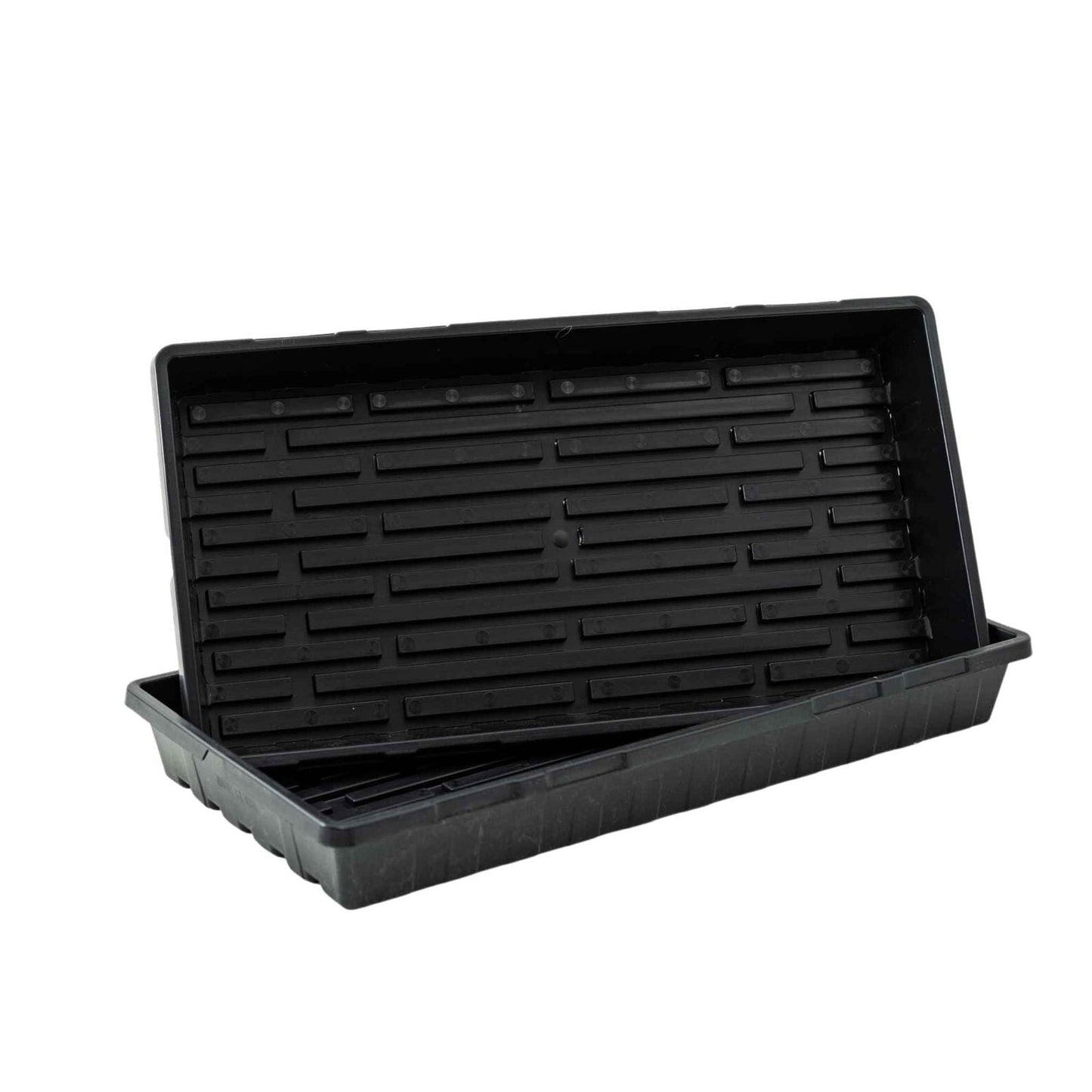 Black Bootstrap Farmer 1020 Extra Strength Trays, durable plastic seedling trays with no drainage holes, ideal for gardening and propagation.