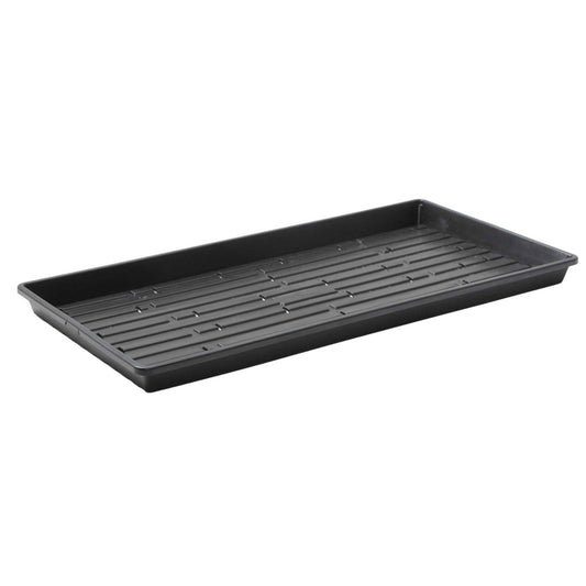 Black Bootstrap Farmer 1020 Microgreen Tray, shallow extra strength, no holes, ideal for microgreen cultivation, shown with one tray.