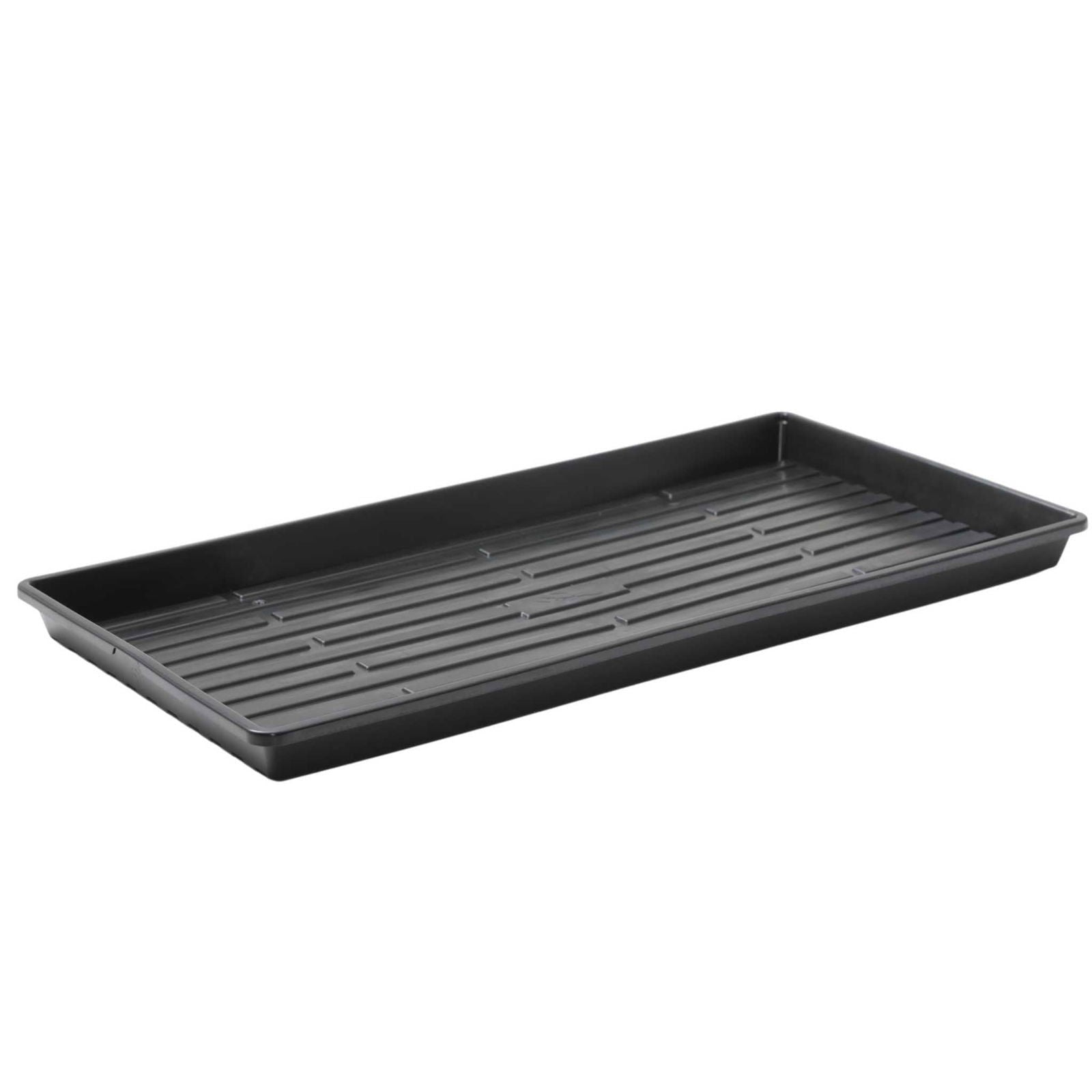 Black Bootstrap Farmer 1020 Microgreen Trays, shallow extra strength, durable plastic trays for microgreen cultivation.