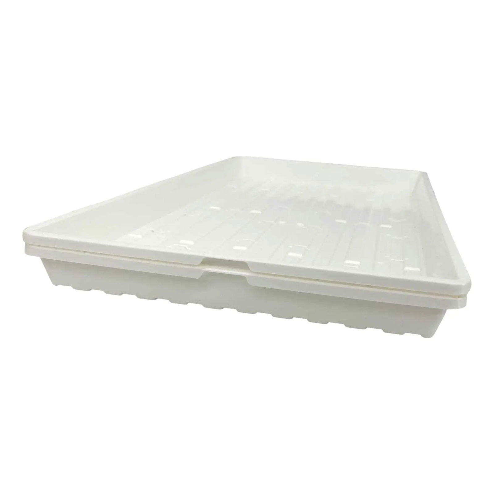 Black Bootstrap Farmer 1020 Microgreen Trays, shallow extra strength, durable plastic with no drainage holes for microgreen cultivation.