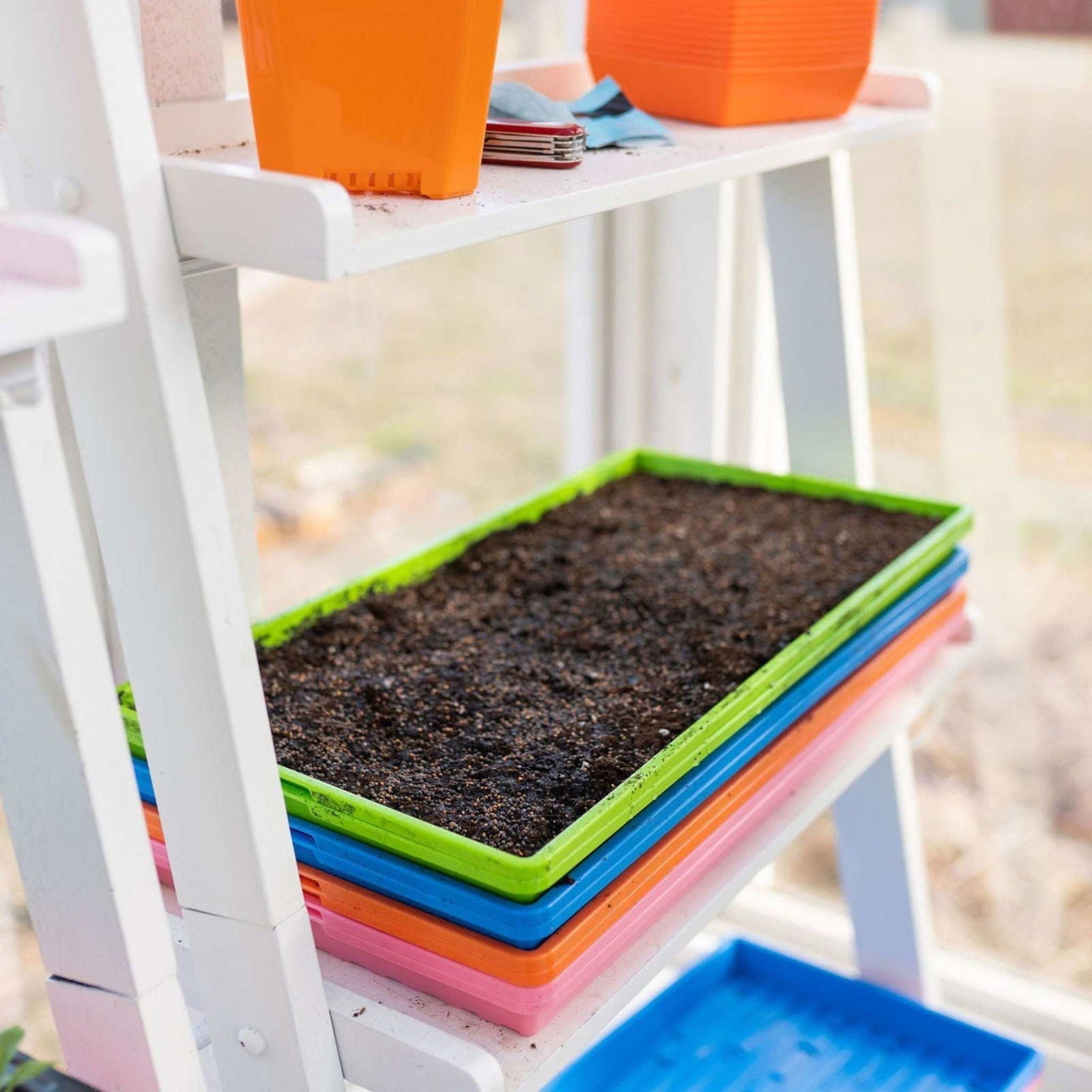 Green Bootstrap Farmer 1020 Microgreen Trays, shallow extra strength, no holes, ideal for microgreen cultivation, vibrant color.