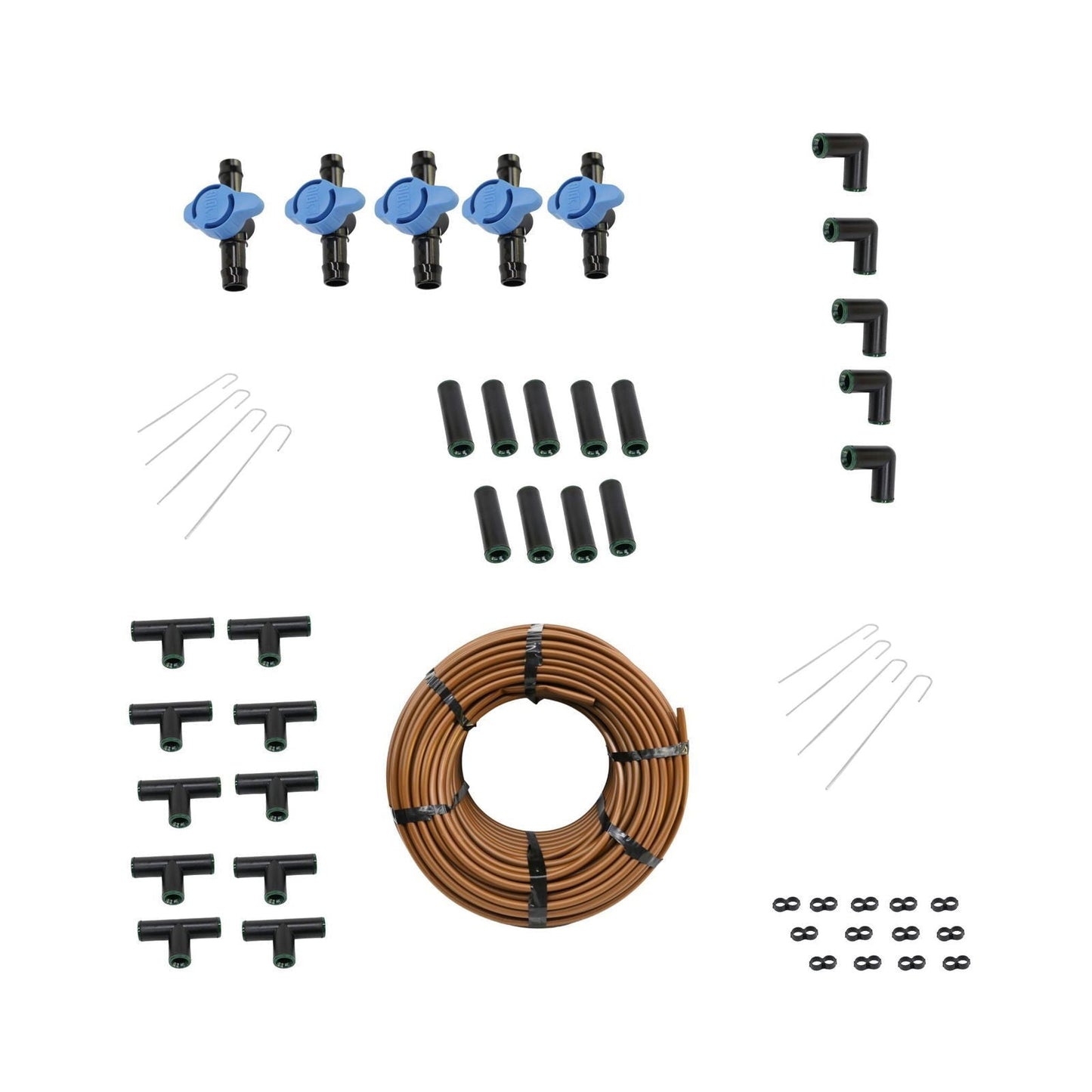 Bootstrap Farmer greenhouse drip irrigation kit with four rows of tubing and emitters for efficient plant watering.
