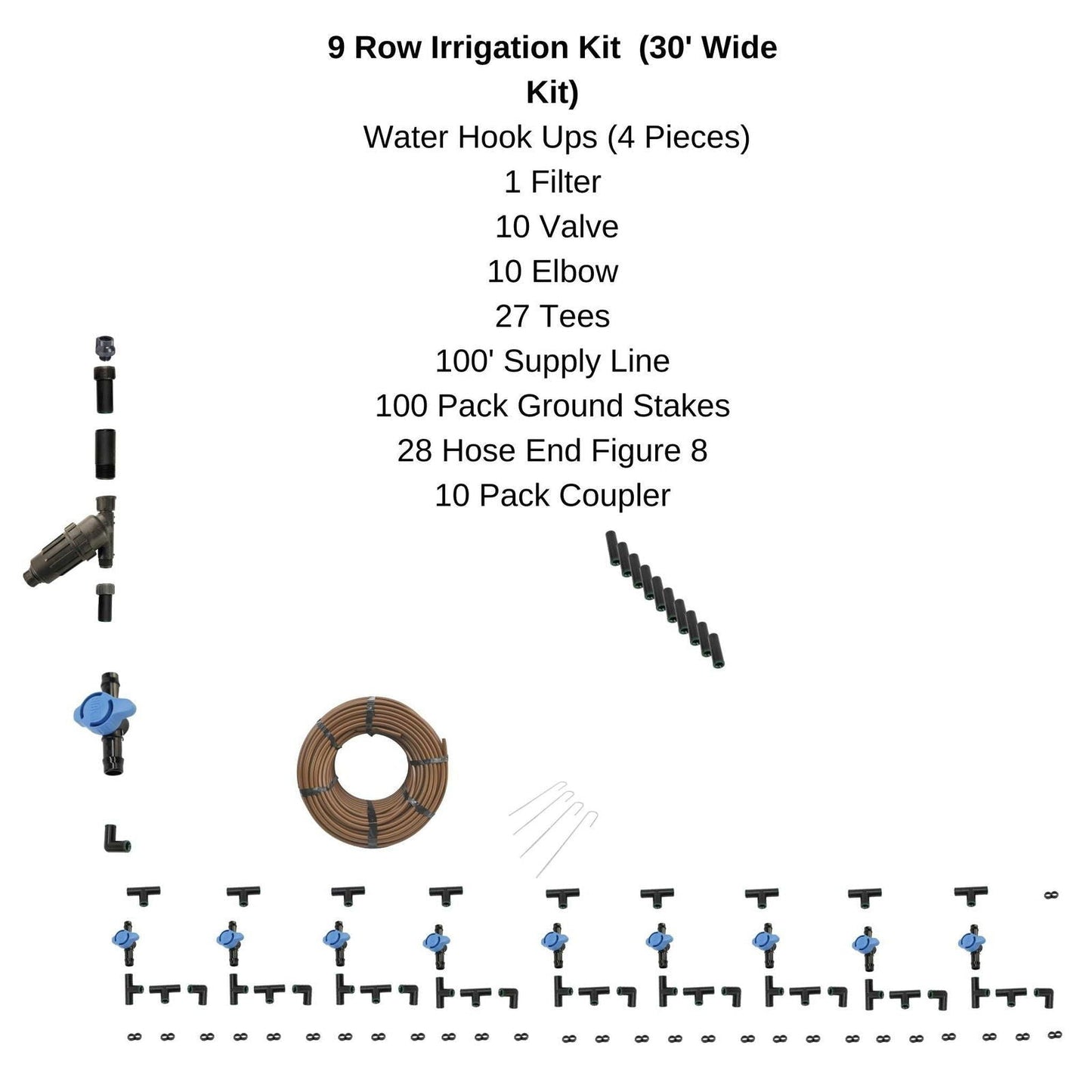 Bootstrap Farmer greenhouse drip irrigation kit with four rows of tubing and connectors for efficient watering.