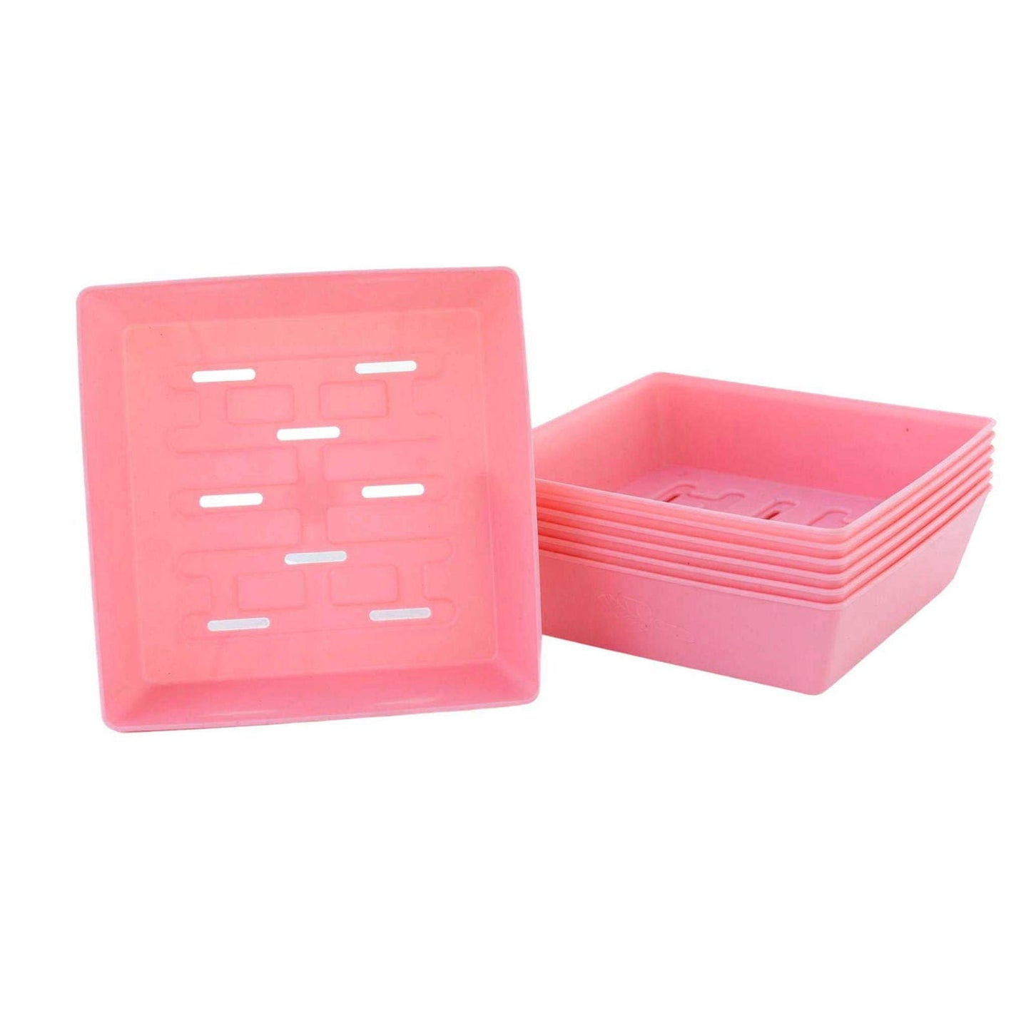 Set of Bootstrap Farmer 5x5 shallow microgreen trays with multicolor inserts, no holes, ideal for microgreen cultivation.