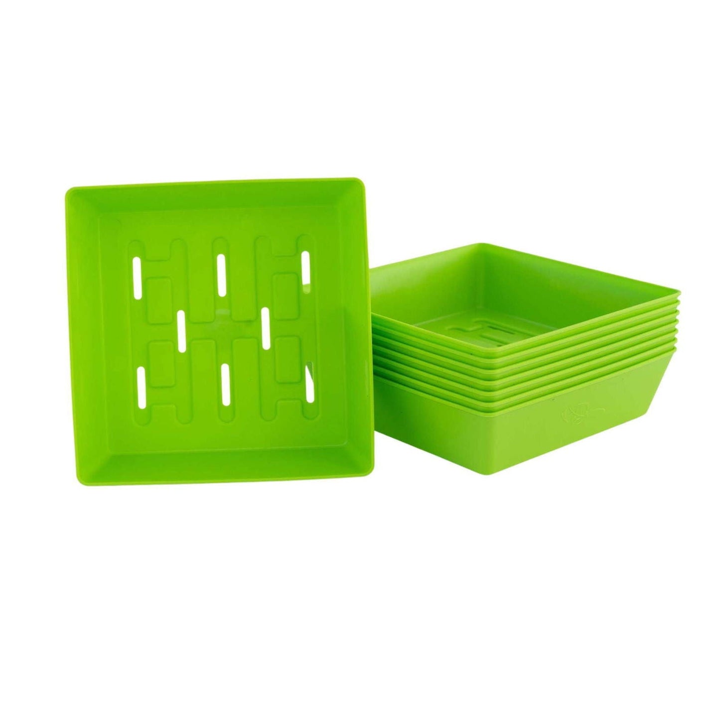 Colorful Bootstrap Farmer 5x5 shallow microgreen trays with 16 inserts, no holes, designed for easy microgreen cultivation.