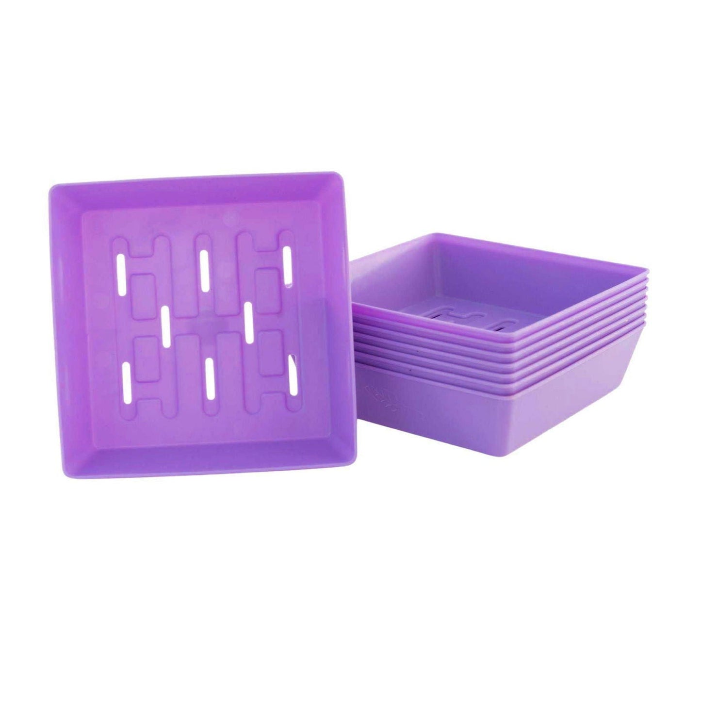 Colorful Bootstrap Farmer 5x5 shallow microgreen trays with 16 inserts, no holes, designed for easy microgreen cultivation.
