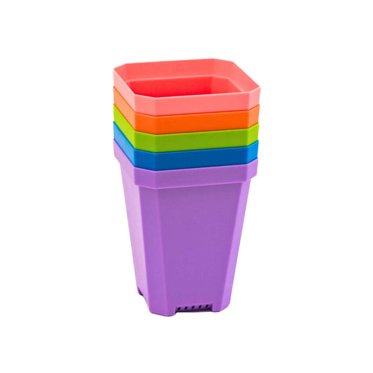 Set of five 5x5 trays filled with multicolor 3.3-inch heavy-duty seed starting pots by Bootstrap Farmer, designed for gardening.