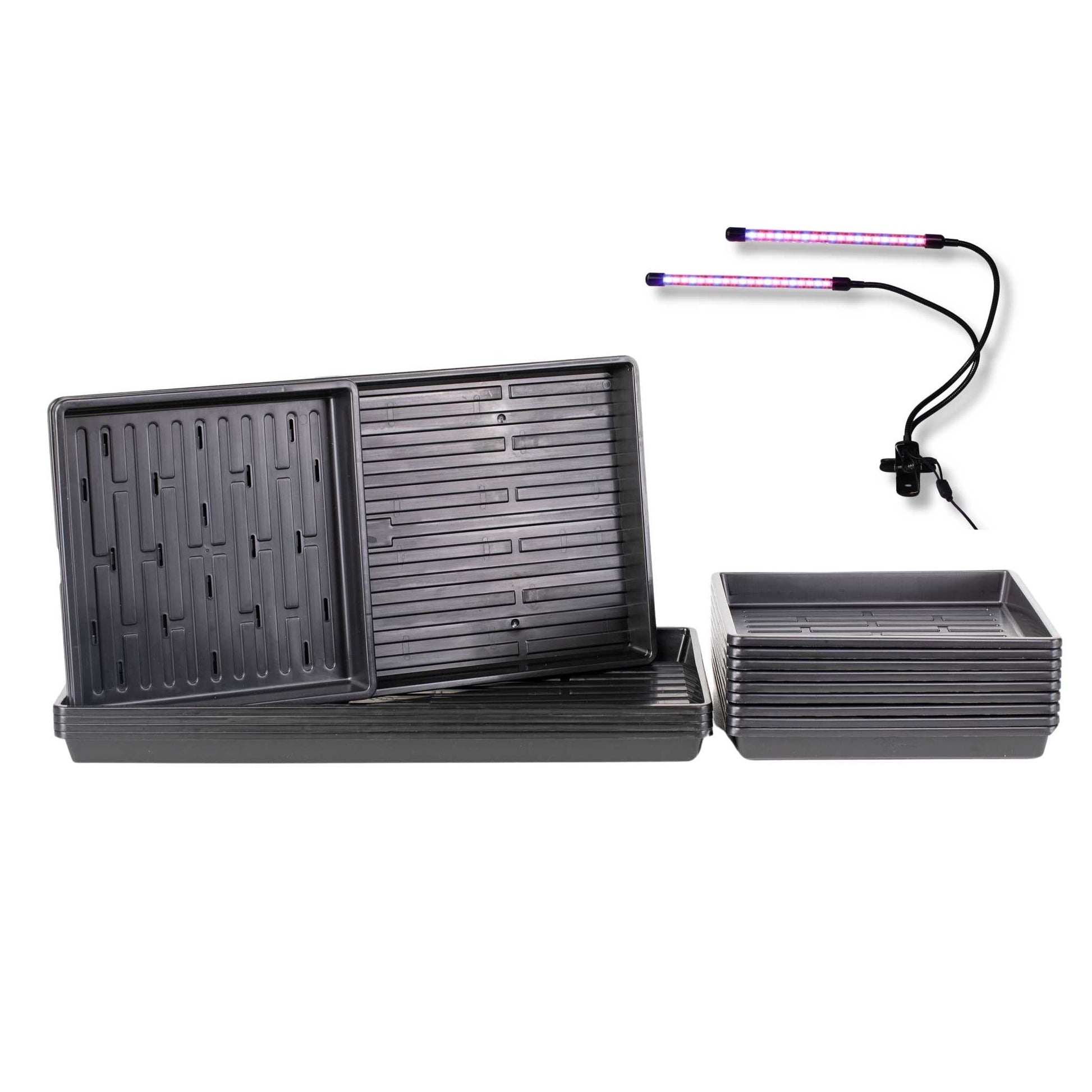 Black 1010 Microgreens Kit with LED grow light by Bootstrap Farmer, includes tray and lighting for indoor microgreens cultivation.