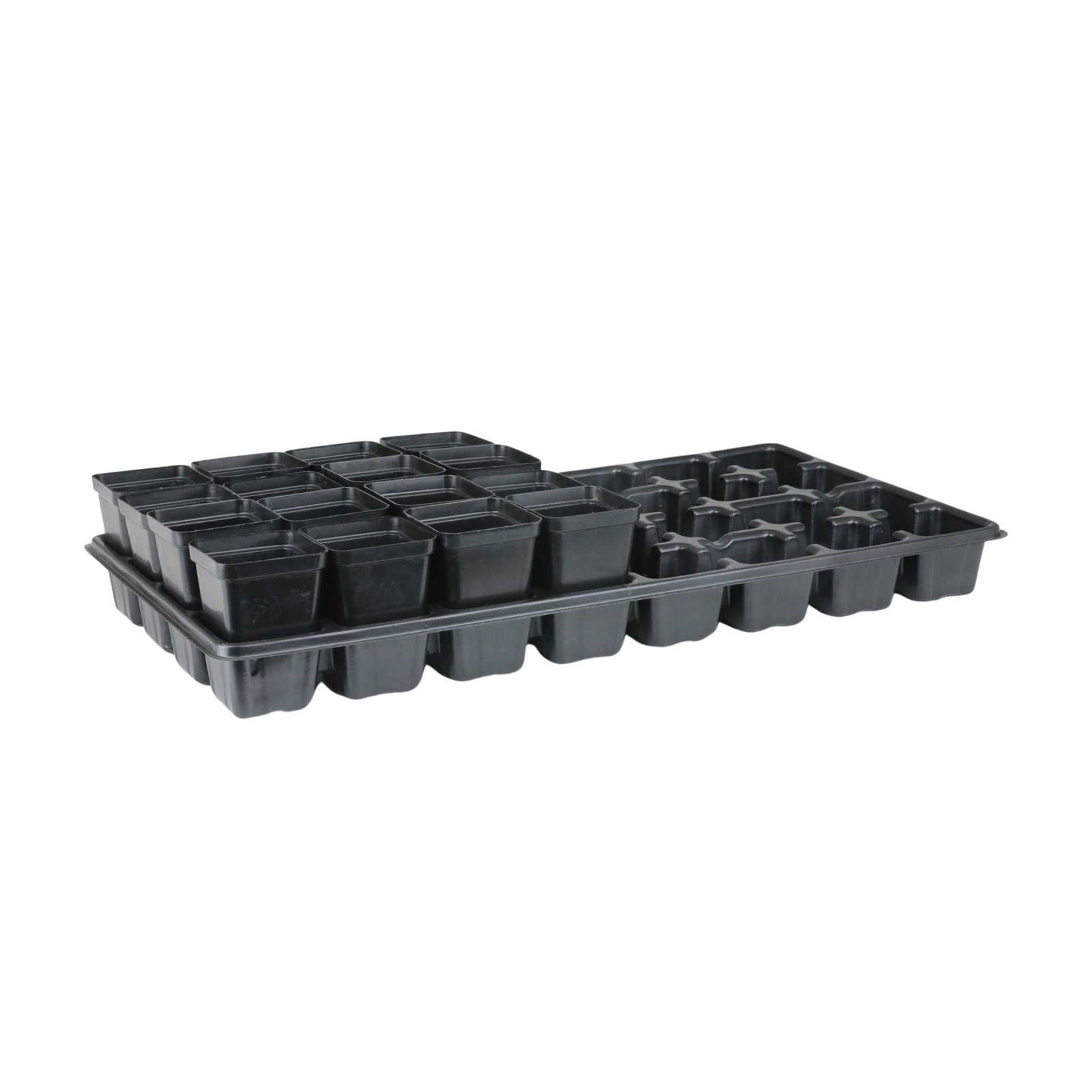 Black 32-cell reusable plant starter trays with inserts by Bootstrap Farmer, ideal for seedling propagation and gardening.