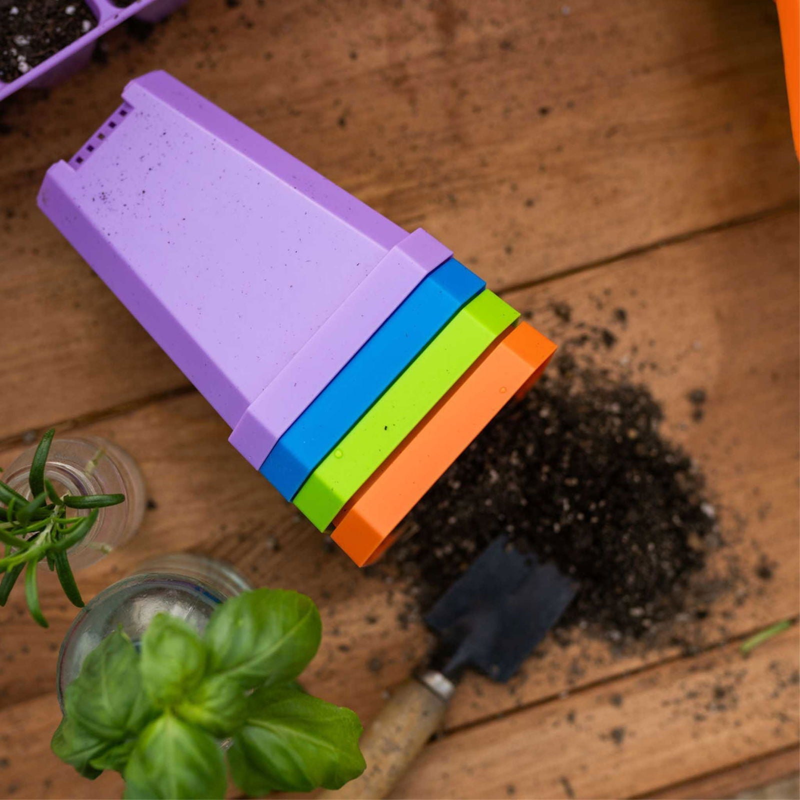 Bootstrap Farmer 3.3-inch heavy-duty seed starting pots with inserts in a multicolor cell tray for seedlings.