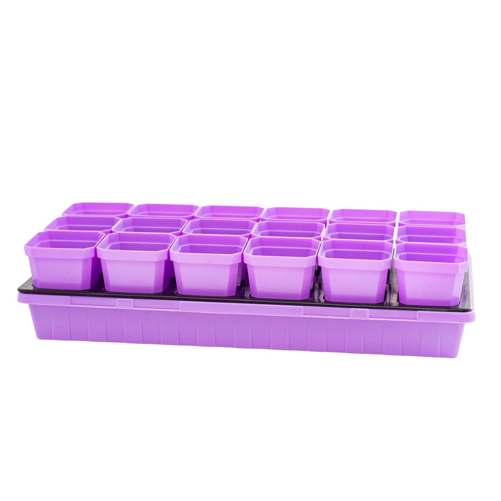Multicolor 3.3-inch heavy-duty seed starting pots with inserts in cell tray, designed by Bootstrap Farmer for seedlings.