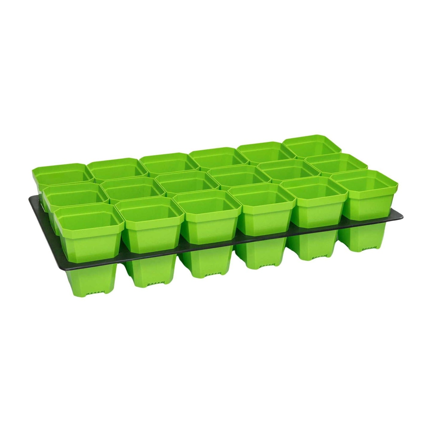 Colorful Bootstrap Farmer 3.3-inch heavy-duty seed starting pots with inserts in a cell tray for gardening.