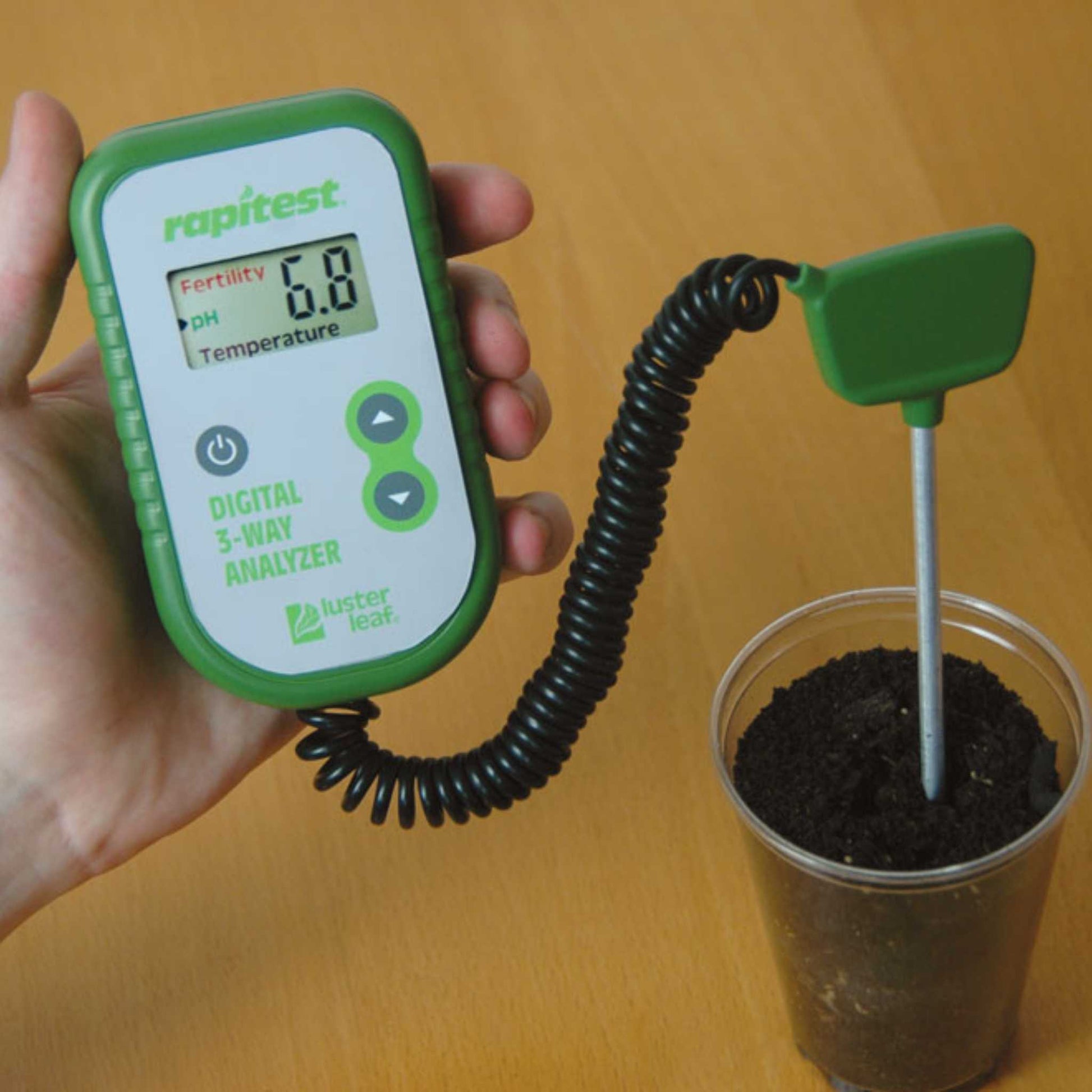 Luster Leaf Rapitest 3-Way Digital Soil Analyzer by Bootstrap Farmer showing digital display and soil testing probes.