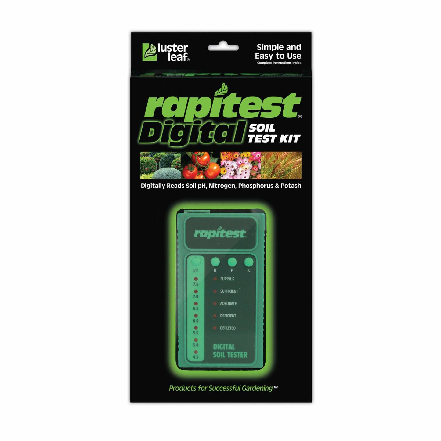 Digital soil test kit by Bootstrap Farmer with Luster Leaf Rapitest for measuring soil pH, nutrients, and moisture levels.