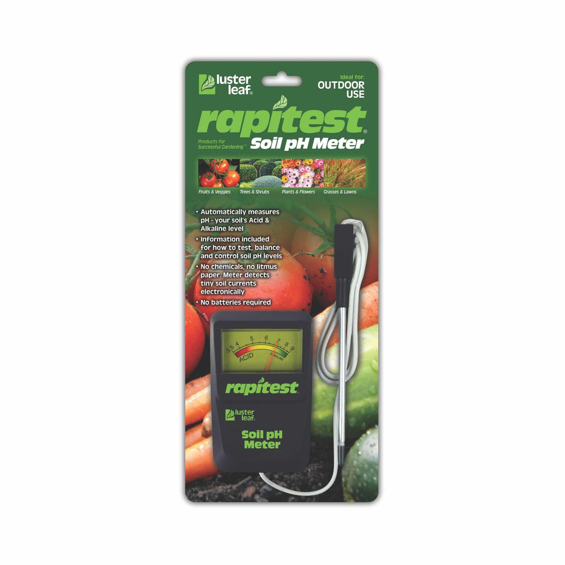 Bootstrap Farmer Luster Leaf Rapitest Soil pH Meter showing digital display and soil testing probe for accurate soil pH measurement.