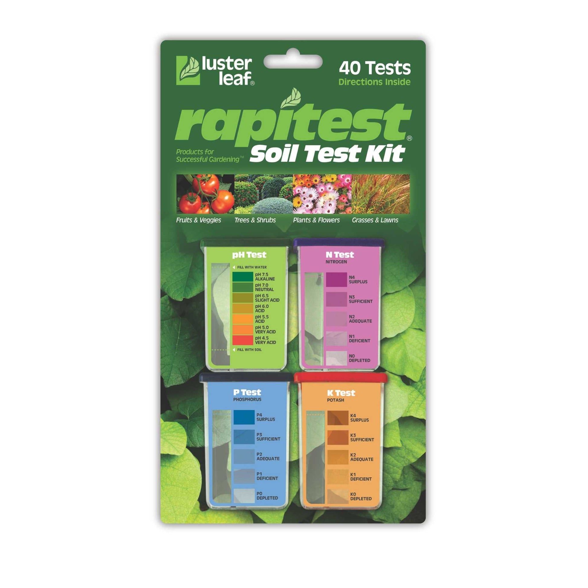 Luster Leaf Rapitest Soil Test Kit by Bootstrap Farmer showing testing tubes and soil testing tools in a garden setting
