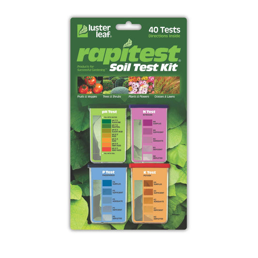 Luster Leaf Rapitest Soil Test Kit by Bootstrap Farmer showing testing tubes and soil testing tools in a garden setting