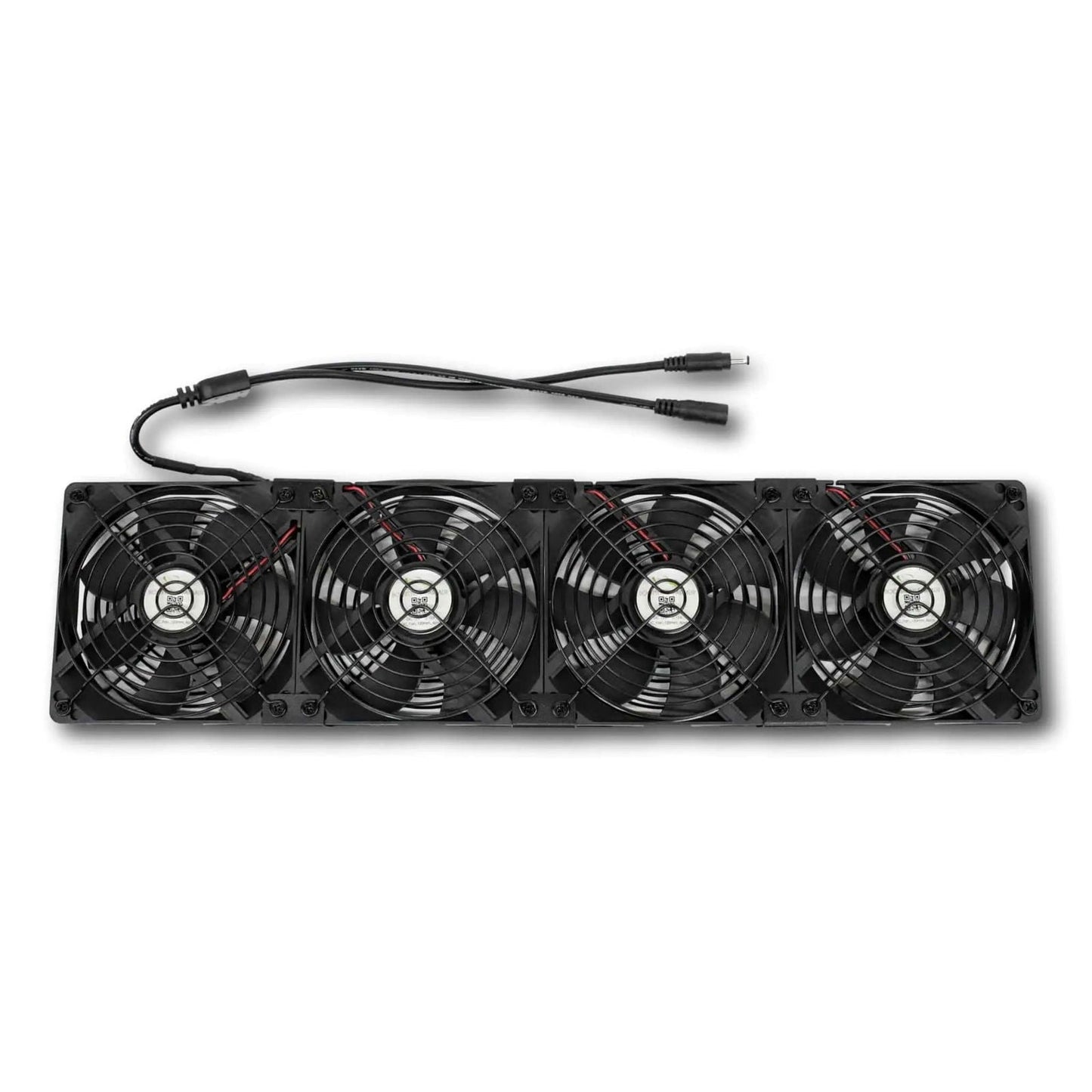 Bootstrap Farmer 4-tier grow rack fans, industrial fans with metal frames, mounted on a vertical rack for optimal airflow in gardening setups.