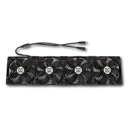 Bootstrap Farmer 4-tier grow rack fans, industrial fans with metal frames, mounted on a vertical rack for optimal airflow in gardening setups.