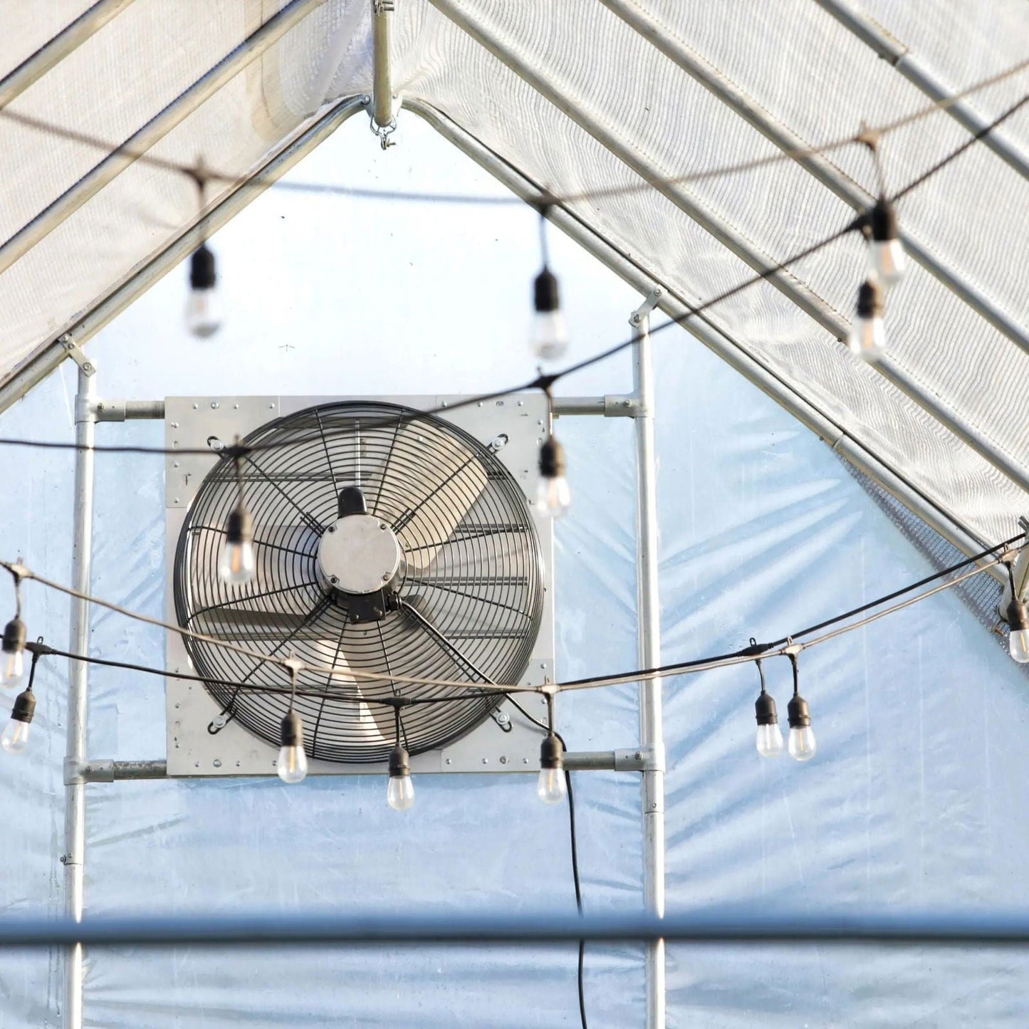 Bootstrap Farmer greenhouse shutter mount exhaust fan, green, mounted on a greenhouse wall, for ventilation and airflow control.