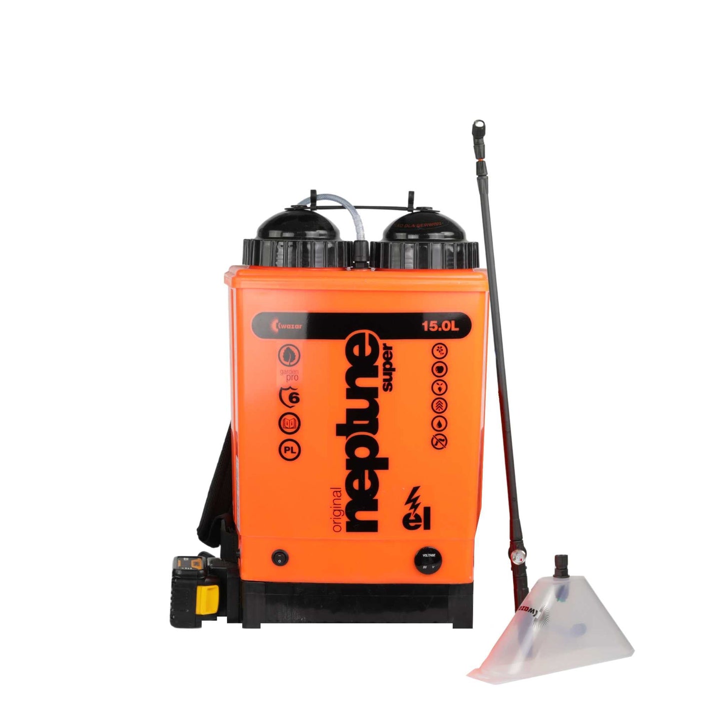 Kwazar Neptune 15L backpack sprayer by Bootstrap Farmer, electric and manual garden tool with battery compartment, for efficient pest and plant care.