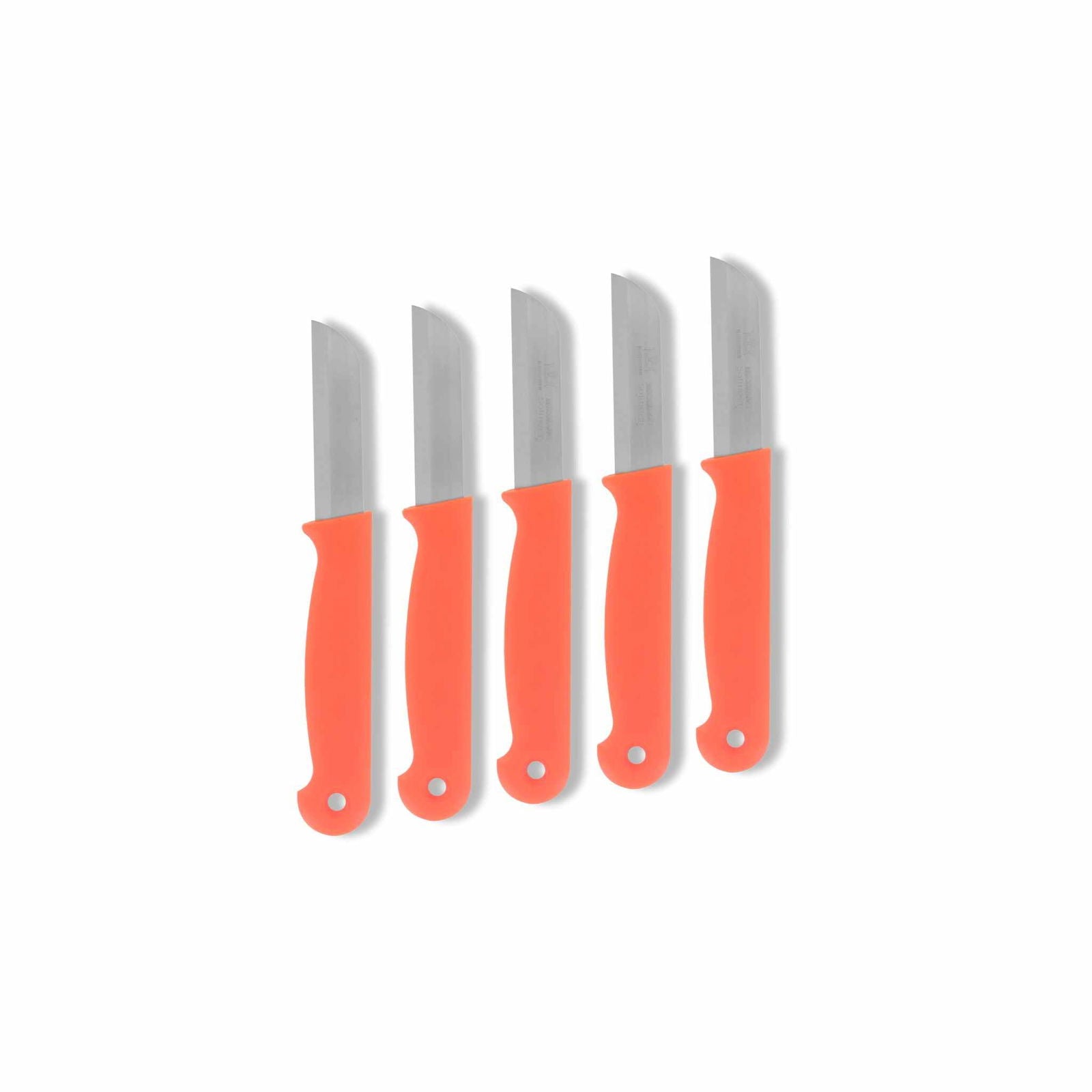 Set of five Bootstrap Farmer stainless steel strip harvesting knives for gardening and crop harvesting.