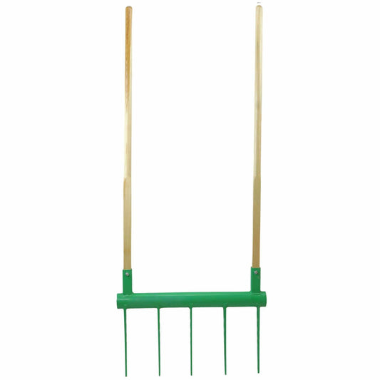 Bootstrap Farmer Broadfork garden tool made in the USA, with sturdy tines and ergonomic handle for easy soil cultivation.