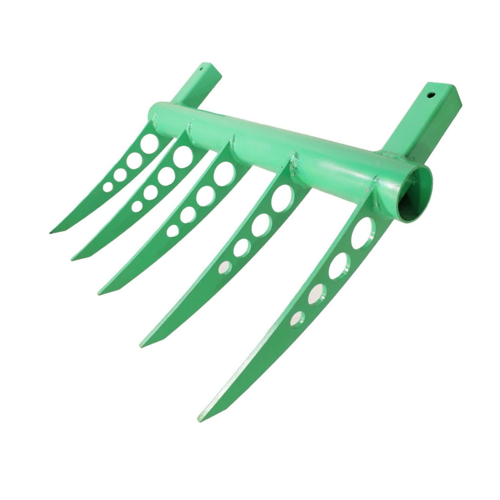 Bootstrap Farmer broadfork garden tool, USA-made, with sturdy metal tines and wooden handle for aerating soil in gardening.
