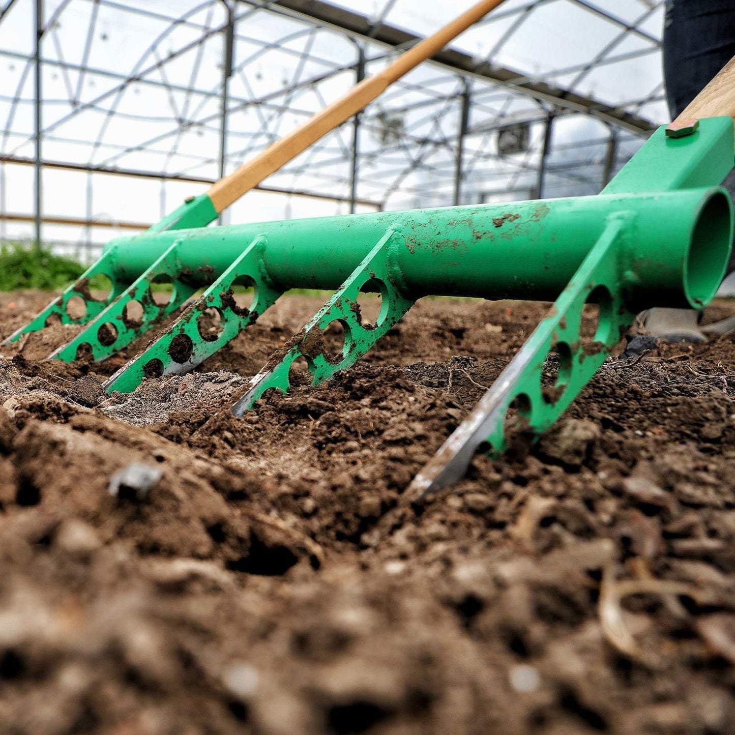 Bootstrap Farmer broadfork garden tool, USA-made, with sturdy tines for aerating soil in vegetable gardens.