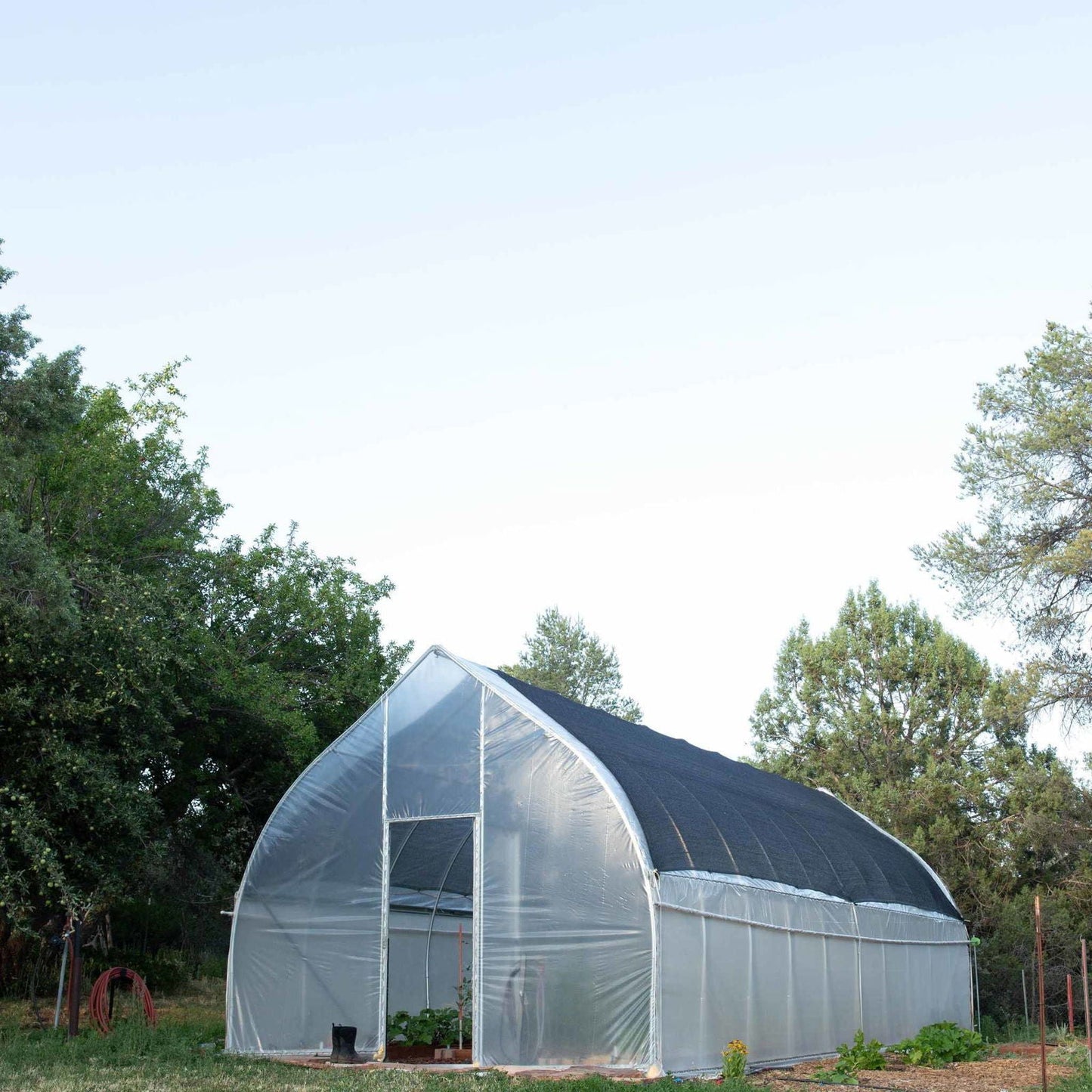 Gothic All-Metal Hoop House Kit from Bootstrap Farmer, metal greenhouse kit with sturdy arch supports and clear plastic cover.