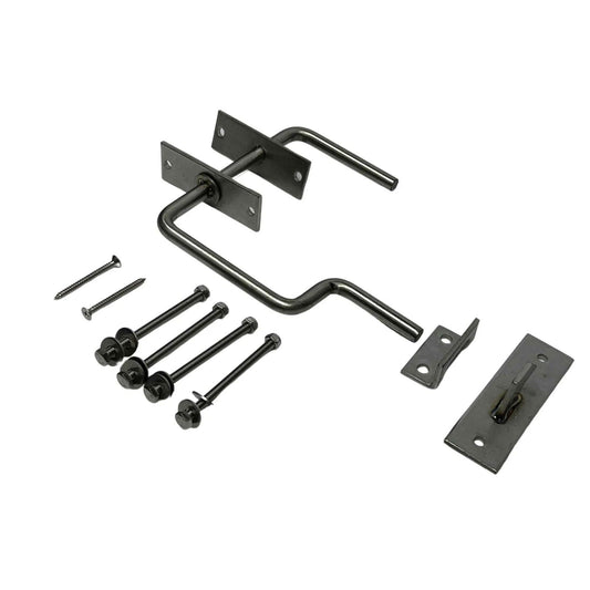 Heavy-duty stainless steel door latch kit for greenhouses, shown with latch mechanism and mounting hardware for Bootstrap Farmer greenhouse.