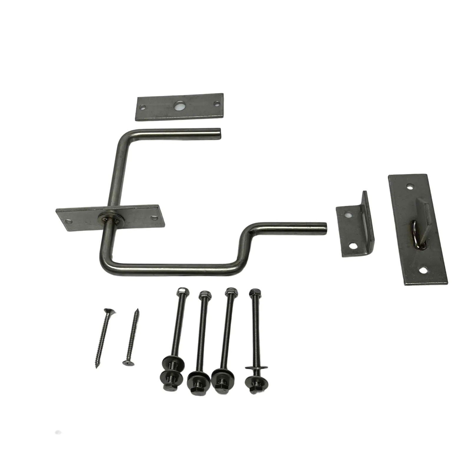 Heavy-duty stainless steel door latch kit for greenhouses, shown on Bootstrap Farmer greenhouse parts display.