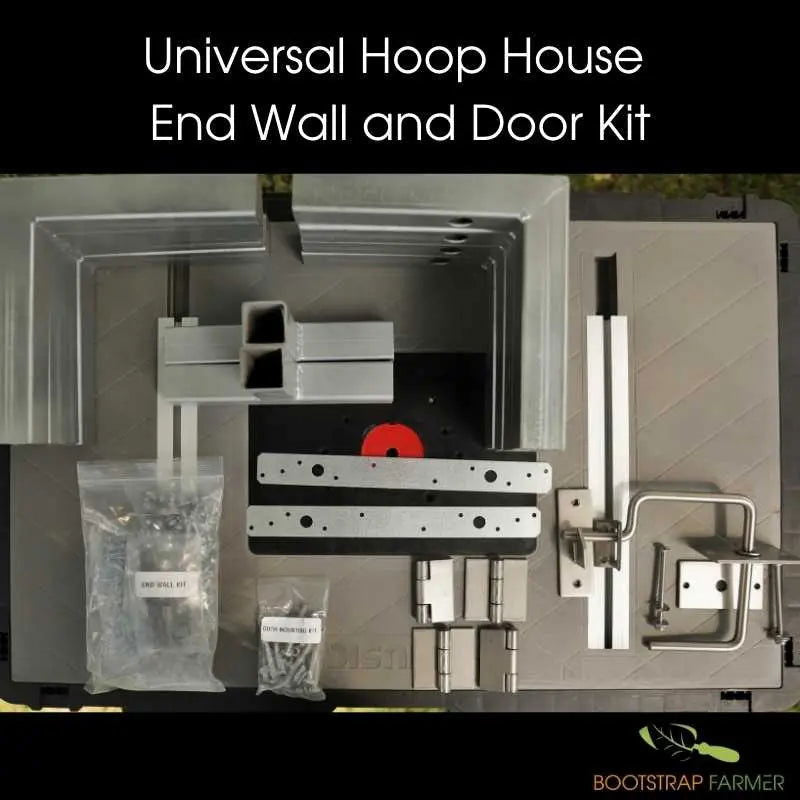Bootstrap Farmer universal endwall and door kit for greenhouse, featuring green panels and frame components.