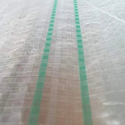 Bootstrap Farmer greenhouse woven plastic film, 8 mil Solarig 156, for greenhouse covering, green, textured plastic material.