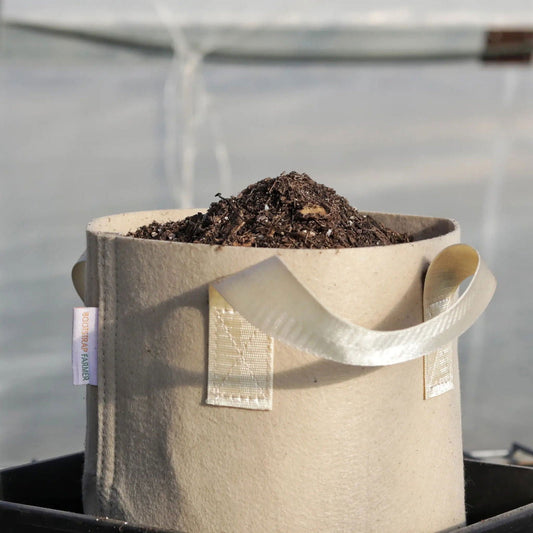 Set of two 2-gallon tan grow bags by Bootstrap Farmer, durable fabric containers for gardening and plant growth.