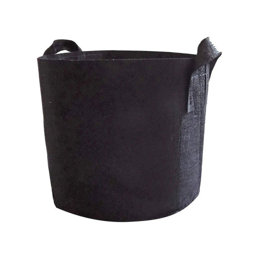 Set of black Bootstrap Farmer grow bags in various sizes from 2 to 50 gallons, shown in a natural outdoor gardening setting.