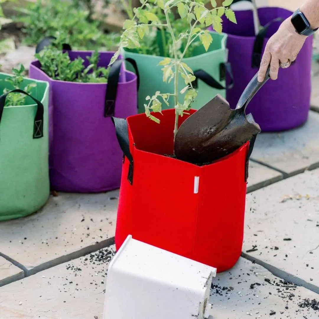 Set of ten Bootstrap Farmer 7-gallon colored fabric grow bags for gardening and plant cultivation.