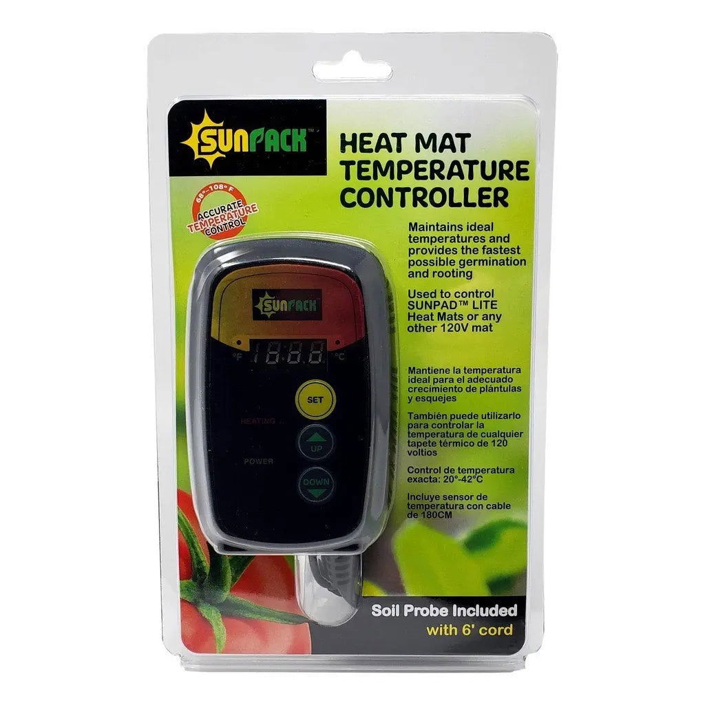 Bootstrap Farmer seedling heat mat with temperature controller, showing the adjustable device on the heat mat for optimal germination.