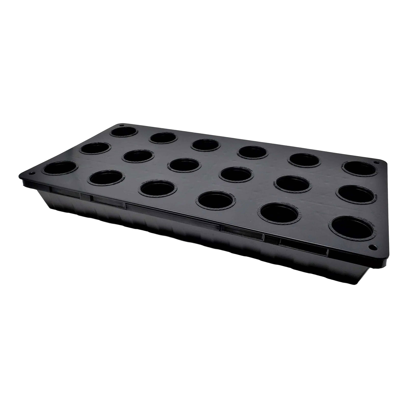 Hydroponic net pot tray by Bootstrap Farmer with 18 holes, 10x20 inches, used for gardening and plant propagation.