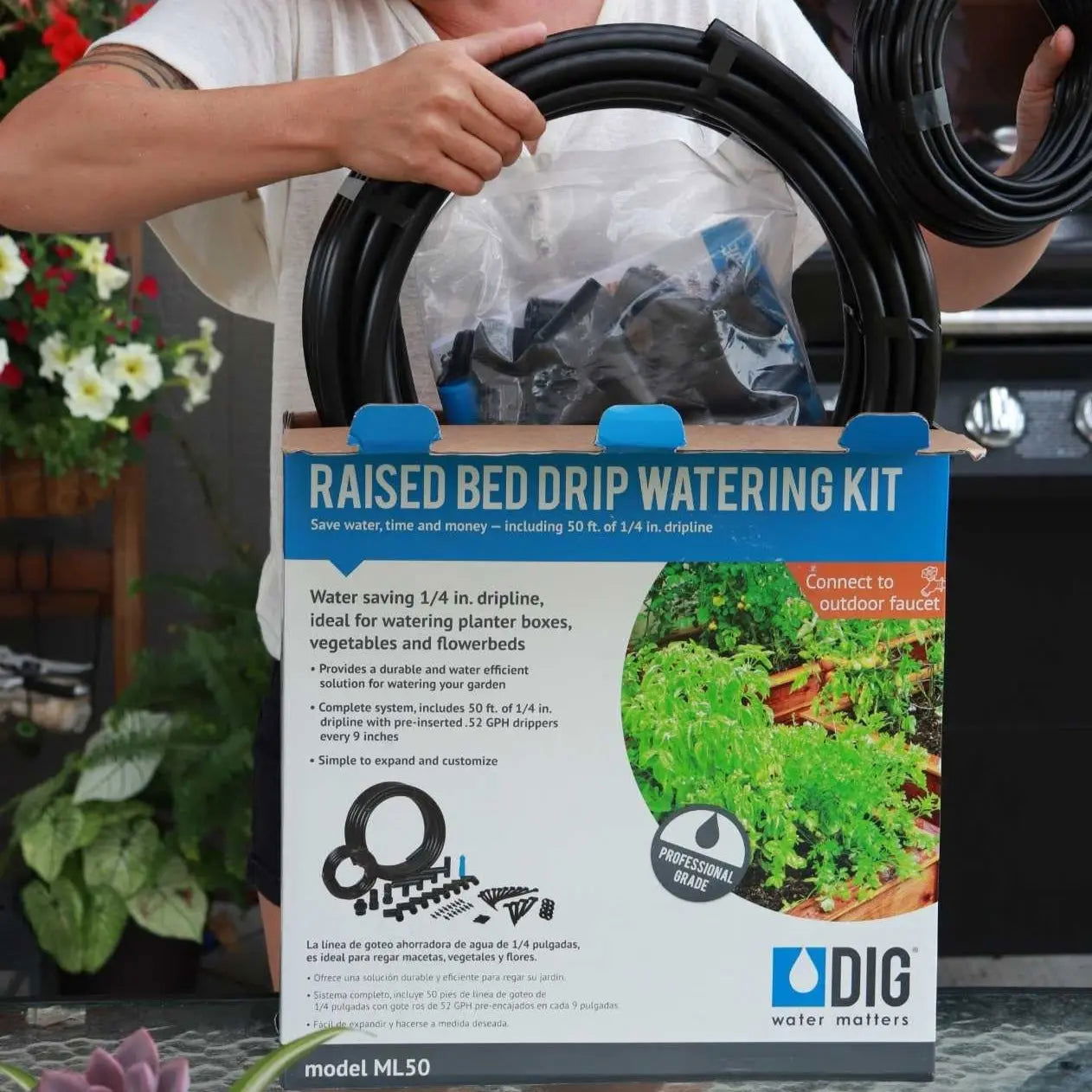 Bootstrap Farmer raised bed drip irrigation kit with hoses and emitters for water-efficient gardening in vegetable beds.