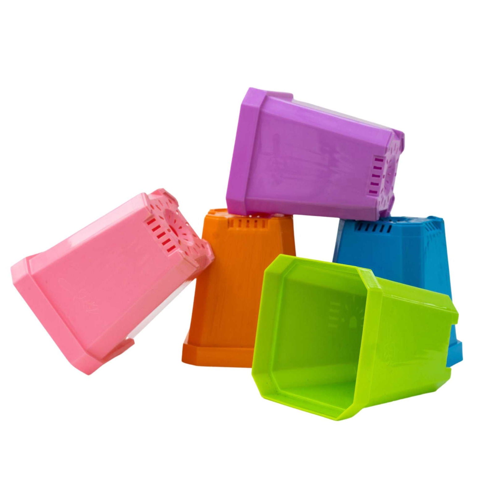 Set of eight multicolor 5-inch heavy-duty seed starting pots by Bootstrap Farmer, durable plastic containers for seed germination.